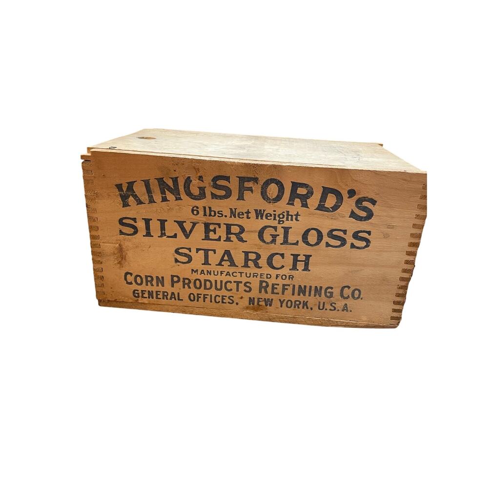 Antique Kingsford Silver Gloss Starch Wood Box Crate Advertising Primitive Lid